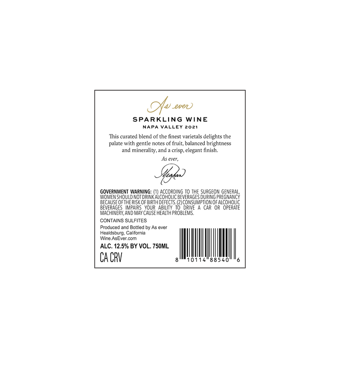 Back label of As ever Brut bottle detailing tasting notes, alcohol content, and warnings