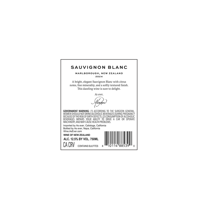 Back label of As ever Sauvignon Blanc wine bottle detailing tasting notes, alcohol content, and warnings