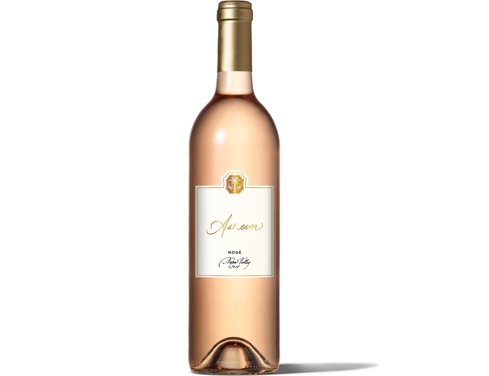 Bottle of As ever Rosé wine with gold foil cap and white label
