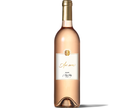 Bottle of As ever Rosé wine with gold foil cap and white label