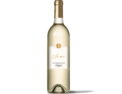 Bottle of As ever Sauvignon Blanc wine with gold foil cap and white label