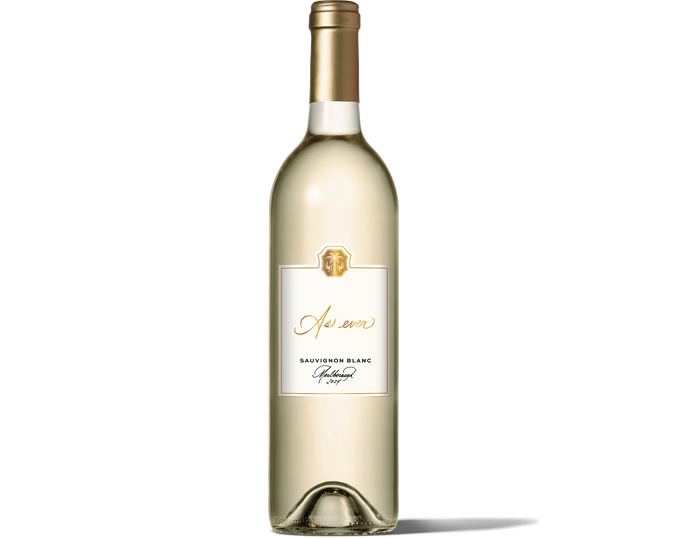 Bottle of As ever Sauvignon Blanc wine with gold foil cap and white label